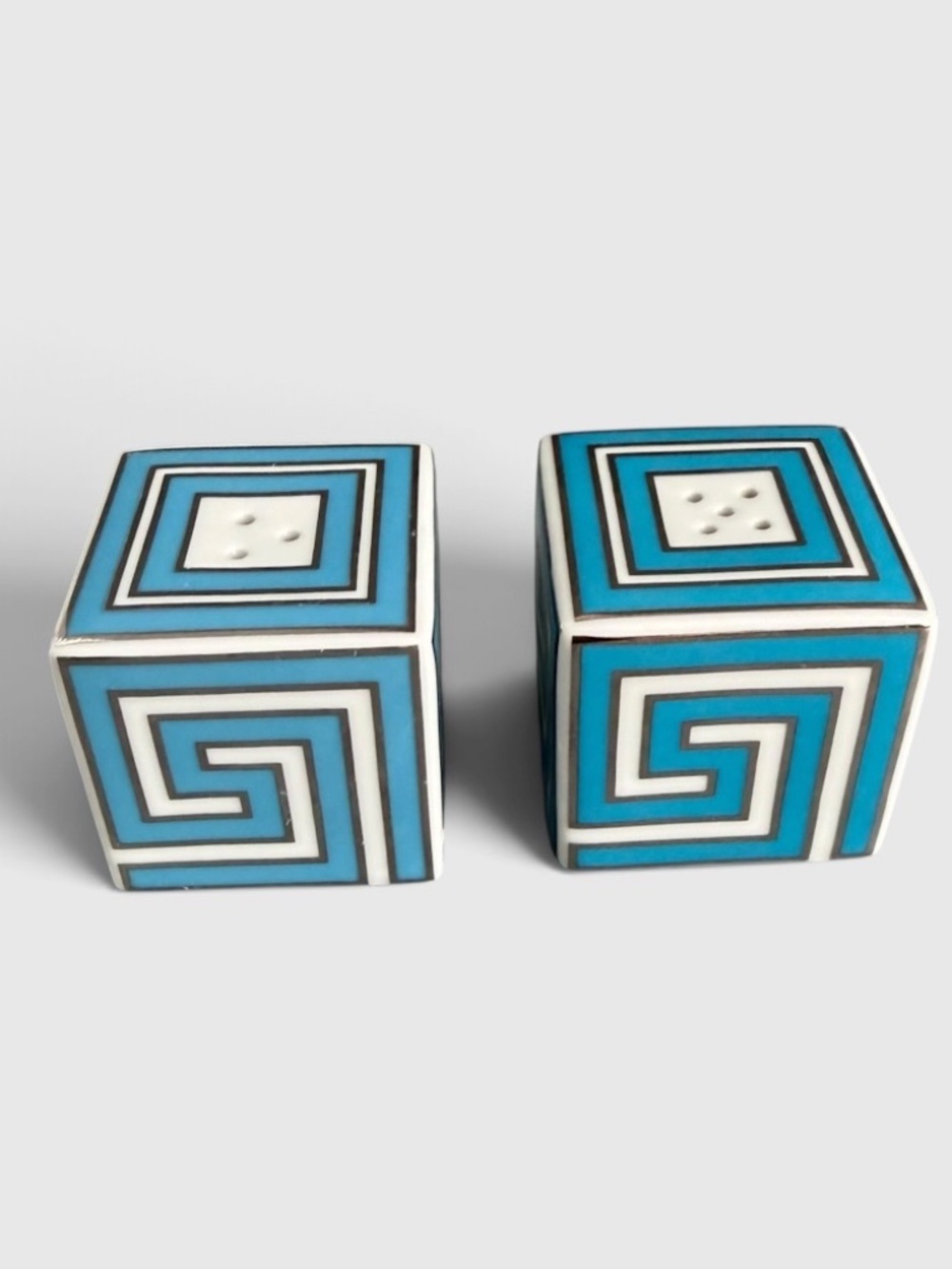 Jonathan Adler Greek Key Cube Salt Pepper Shakers Retired Turquoise White Silver
